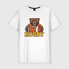 Мужская футболка премиум с принтом Rugby. Bear. в Новосибирске, 92% хлопок, 8% лайкра | приталенный силуэт, круглый вырез ворота, длина до линии бедра, короткий рукав | america | brokenfinger | dotrugby | league | nails | rugby | rugbyunion | usa | womensrugby | медведь | мяч | регби | россия