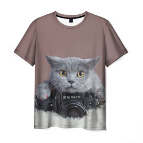 Мужская футболка 3D с принтом Котик фотограф в Новосибирске, 100% полиэфир | прямой крой, круглый вырез горловины, длина до линии бедер | кот | котик | кошка | объектив | фотоаппарат | фотограф