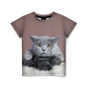 Детская футболка 3D с принтом Котик фотограф в Новосибирске, 100% гипоаллергенный полиэфир | прямой крой, круглый вырез горловины, длина до линии бедер, чуть спущенное плечо, ткань немного тянется | кот | котик | кошка | объектив | фотоаппарат | фотограф