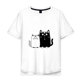 Мужская футболка хлопок Oversize с принтом Влюбленные коты в Новосибирске, 100% хлопок | свободный крой, круглый ворот, “спинка” длиннее передней части | Тематика изображения на принте: 14 февраля | влюбленным | девушке | кот | коты | котята. | кошка | любовь | мужчине | парню | подарок