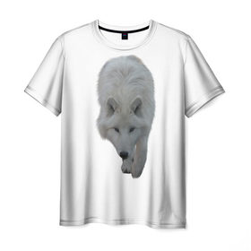 Мужская футболка 3D с принтом Белый волк в Новосибирске, 100% полиэфир | прямой крой, круглый вырез горловины, длина до линии бедер | 