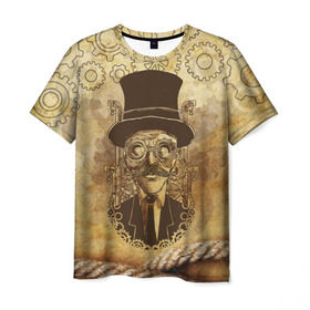 Мужская футболка 3D с принтом Стимпанк человек в Новосибирске, 100% полиэфир | прямой крой, круглый вырез горловины, длина до линии бедер | Тематика изображения на принте: steampunk | steampunk man | в цилиндре | в шляпе | канат | механизм | стимпанк | усы | человек