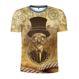 Мужская футболка 3D спортивная с принтом Стимпанк человек в Новосибирске, 100% полиэстер с улучшенными характеристиками | приталенный силуэт, круглая горловина, широкие плечи, сужается к линии бедра | steampunk | steampunk man | в цилиндре | в шляпе | канат | механизм | стимпанк | усы | человек
