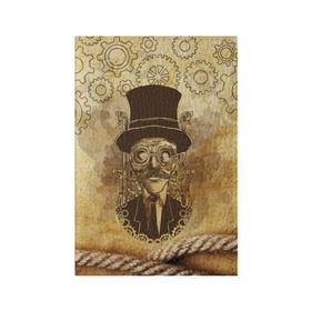 Обложка для паспорта матовая кожа с принтом Стимпанк человек в Новосибирске, натуральная матовая кожа | размер 19,3 х 13,7 см; прозрачные пластиковые крепления | Тематика изображения на принте: steampunk | steampunk man | в цилиндре | в шляпе | канат | механизм | стимпанк | усы | человек