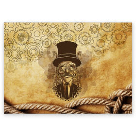 Поздравительная открытка с принтом Стимпанк человек в Новосибирске, 100% бумага | плотность бумаги 280 г/м2, матовая, на обратной стороне линовка и место для марки
 | steampunk | steampunk man | в цилиндре | в шляпе | канат | механизм | стимпанк | усы | человек