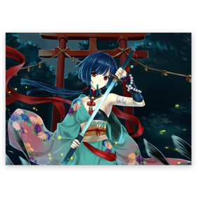 Поздравительная открытка с принтом Девушка с оружием в Новосибирске, 100% бумага | плотность бумаги 280 г/м2, матовая, на обратной стороне линовка и место для марки
 | anime | beautiful | fantasy | girl | japanese | katana | kimono | look | pagoda | sword | warrior | weapon | аниме | взгляд | воин | девушка | катана | кимоно | красивая | меч | оружие | пагода | фантазия | японская