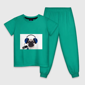 Детская пижама хлопок с принтом Мопс в наушниках в Новосибирске, 100% хлопок |  брюки и футболка прямого кроя, без карманов, на брюках мягкая резинка на поясе и по низу штанин
 | дворняжка | домашние животные | любимец | мопс | пес | песик | питомец | собака | собачка