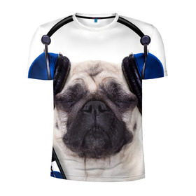 Мужская футболка 3D спортивная с принтом Мопс в наушниках в Новосибирске, 100% полиэстер с улучшенными характеристиками | приталенный силуэт, круглая горловина, широкие плечи, сужается к линии бедра | Тематика изображения на принте: дворняжка | домашние животные | любимец | мопс | пес | песик | питомец | собака | собачка