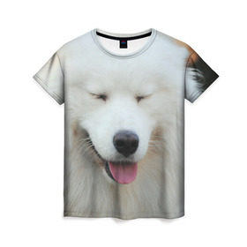Женская футболка 3D с принтом Самоед в Новосибирске, 100% полиэфир ( синтетическое хлопкоподобное полотно) | прямой крой, круглый вырез горловины, длина до линии бедер | далматин | лабрадор | любимец | овчарка | пес | питомец | самоед | собака | собачка | щенок