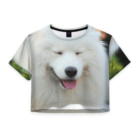 Женская футболка 3D укороченная с принтом Самоед в Новосибирске, 100% полиэстер | круглая горловина, длина футболки до линии талии, рукава с отворотами | далматин | лабрадор | любимец | овчарка | пес | питомец | самоед | собака | собачка | щенок