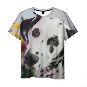 Мужская футболка 3D с принтом Далматин в Новосибирске, 100% полиэфир | прямой крой, круглый вырез горловины, длина до линии бедер | акита | акита ину | далматин | далматинец | дворняга | ину | лабрадор | любимец | овчарка | пес | питомец | самоед | сиба | сиба ину | собака | собачка | щенок