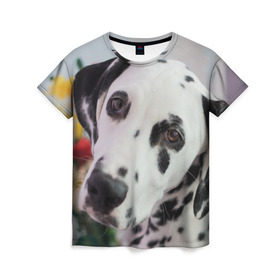 Женская футболка 3D с принтом Далматин в Новосибирске, 100% полиэфир ( синтетическое хлопкоподобное полотно) | прямой крой, круглый вырез горловины, длина до линии бедер | акита | акита ину | далматин | далматинец | дворняга | ину | лабрадор | любимец | овчарка | пес | питомец | самоед | сиба | сиба ину | собака | собачка | щенок