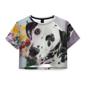 Женская футболка 3D укороченная с принтом Далматин в Новосибирске, 100% полиэстер | круглая горловина, длина футболки до линии талии, рукава с отворотами | акита | акита ину | далматин | далматинец | дворняга | ину | лабрадор | любимец | овчарка | пес | питомец | самоед | сиба | сиба ину | собака | собачка | щенок