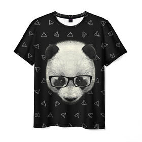 Мужская футболка 3D с принтом Умная панда в Новосибирске, 100% полиэфир | прямой крой, круглый вырез горловины, длина до линии бедер | Тематика изображения на принте: animal | bear | beast | hipster | panda | smart | животное | зверь | медведь | очки | панда | свэг | умный | хипстер