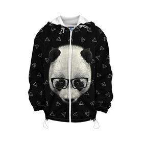 Детская куртка 3D с принтом Умная панда в Новосибирске, 100% полиэстер | застежка — молния, подол и капюшон оформлены резинкой с фиксаторами, по бокам — два кармана без застежек, один потайной карман на груди, плотность верхнего слоя — 90 г/м2; плотность флисового подклада — 260 г/м2 | Тематика изображения на принте: animal | bear | beast | hipster | panda | smart | животное | зверь | медведь | очки | панда | свэг | умный | хипстер