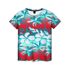 Женская футболка 3D с принтом Tropical Fashion в Новосибирске, 100% полиэфир ( синтетическое хлопкоподобное полотно) | прямой крой, круглый вырез горловины, длина до линии бедер | flower | пальмы | паттерн | цветы