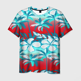 Мужская футболка 3D с принтом Tropical Fashion в Новосибирске, 100% полиэфир | прямой крой, круглый вырез горловины, длина до линии бедер | Тематика изображения на принте: flower | пальмы | паттерн | цветы