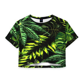 Женская футболка 3D укороченная с принтом Листья в Новосибирске, 100% полиэстер | круглая горловина, длина футболки до линии талии, рукава с отворотами | зеленый | листва | паттерн