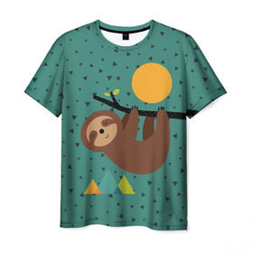 Мужская футболка 3D с принтом Довольный ленивец в Новосибирске, 100% полиэфир | прямой крой, круглый вырез горловины, длина до линии бедер | Тематика изображения на принте: animal | art | bear | beast | nature | sun | арт | животное | зверь | лето | медведь | мишка | природа | солнце