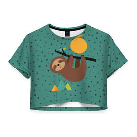 Женская футболка 3D укороченная с принтом Довольный ленивец в Новосибирске, 100% полиэстер | круглая горловина, длина футболки до линии талии, рукава с отворотами | Тематика изображения на принте: animal | art | bear | beast | nature | sun | арт | животное | зверь | лето | медведь | мишка | природа | солнце