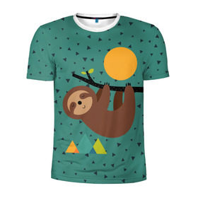 Мужская футболка 3D спортивная с принтом Довольный ленивец в Новосибирске, 100% полиэстер с улучшенными характеристиками | приталенный силуэт, круглая горловина, широкие плечи, сужается к линии бедра | Тематика изображения на принте: animal | art | bear | beast | nature | sun | арт | животное | зверь | лето | медведь | мишка | природа | солнце