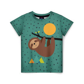 Детская футболка 3D с принтом Довольный ленивец в Новосибирске, 100% гипоаллергенный полиэфир | прямой крой, круглый вырез горловины, длина до линии бедер, чуть спущенное плечо, ткань немного тянется | Тематика изображения на принте: animal | art | bear | beast | nature | sun | арт | животное | зверь | лето | медведь | мишка | природа | солнце