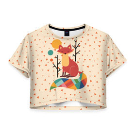 Женская футболка 3D укороченная с принтом Осенняя лисичка в Новосибирске, 100% полиэстер | круглая горловина, длина футболки до линии талии, рукава с отворотами | Тематика изображения на принте: animal | beast | cat | fox | kitty | nature | orange | животное | зверь | кот | котик | кошка | лиса | лисичка | оранжевая | осень | природа