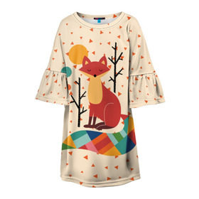 Детское платье 3D с принтом Осенняя лисичка в Новосибирске, 100% полиэстер | прямой силуэт, чуть расширенный к низу. Круглая горловина, на рукавах — воланы | Тематика изображения на принте: animal | beast | cat | fox | kitty | nature | orange | животное | зверь | кот | котик | кошка | лиса | лисичка | оранжевая | осень | природа