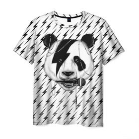 Мужская футболка 3D с принтом Панда вокалист в Новосибирске, 100% полиэфир | прямой крой, круглый вырез горловины, длина до линии бедер | Тематика изображения на принте: animal | bear | beast | metal | music | nature | panda | rock | sound | vocal | вокал | животное | зверь | звук | медведь | меломан | метал | мишка | музыка | панда | природа | рок