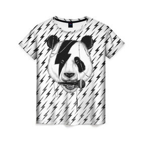 Женская футболка 3D с принтом Панда вокалист в Новосибирске, 100% полиэфир ( синтетическое хлопкоподобное полотно) | прямой крой, круглый вырез горловины, длина до линии бедер | animal | bear | beast | metal | music | nature | panda | rock | sound | vocal | вокал | животное | зверь | звук | медведь | меломан | метал | мишка | музыка | панда | природа | рок