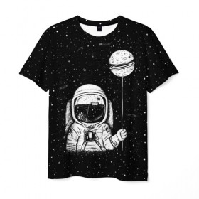 Мужская футболка 3D с принтом Астронавт с шариком в Новосибирске, 100% полиэфир | прямой крой, круглый вырез горловины, длина до линии бедер | Тематика изображения на принте: astronaut | cosmonaut | cosmos | dead | galaxy | moon | planet | space | star | universe | астронавт | вселенная | галактика | звезды | космонавт | космос | луна | планета | шарик