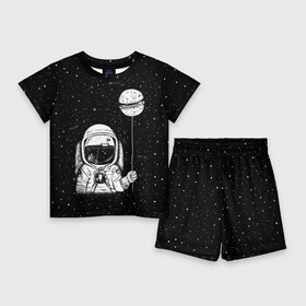 Детский костюм с шортами 3D с принтом Астронавт с шариком в Новосибирске,  |  | astronaut | cosmonaut | cosmos | dead | galaxy | moon | planet | space | star | universe | астронавт | вселенная | галактика | звезды | космонавт | космос | луна | планета | шарик