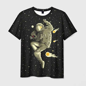 Мужская футболка 3D с принтом Атака метеоров в Новосибирске, 100% полиэфир | прямой крой, круглый вырез горловины, длина до линии бедер | astronaut | cosmonaut | cosmos | galaxy | meteor | planet | space | star | universe | астронавт | вселенная | галактика | гравитация | звезды | космонавт | космос | метеор | планета
