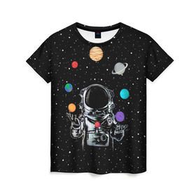 Женская футболка 3D с принтом Космический жонглер в Новосибирске, 100% полиэфир ( синтетическое хлопкоподобное полотно) | прямой крой, круглый вырез горловины, длина до линии бедер | astronaut | cosmonaut | cosmos | galaxy | planet | space | star | universe | астронавт | вселенная | галактика | звезды | земля | космонавт | космос | луна | марс | планета | сатурн | уран