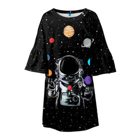 Детское платье 3D с принтом Космический жонглер в Новосибирске, 100% полиэстер | прямой силуэт, чуть расширенный к низу. Круглая горловина, на рукавах — воланы | astronaut | cosmonaut | cosmos | galaxy | planet | space | star | universe | астронавт | вселенная | галактика | звезды | земля | космонавт | космос | луна | марс | планета | сатурн | уран