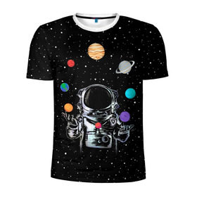Мужская футболка 3D спортивная с принтом Космический жонглер в Новосибирске, 100% полиэстер с улучшенными характеристиками | приталенный силуэт, круглая горловина, широкие плечи, сужается к линии бедра | astronaut | cosmonaut | cosmos | galaxy | planet | space | star | universe | астронавт | вселенная | галактика | звезды | земля | космонавт | космос | луна | марс | планета | сатурн | уран