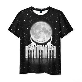 Мужская футболка 3D с принтом Лунная мелодия в Новосибирске, 100% полиэфир | прямой крой, круглый вырез горловины, длина до линии бедер | astronaut | cosmonaut | cosmos | galaxy | meteor | moon | planet | space | universe | астронавт | вселенная | галактика | звезды | космонавт | космос | луна | мелодия | музыка | ноты