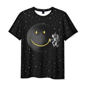 Мужская футболка 3D с принтом Лунная улыбка в Новосибирске, 100% полиэфир | прямой крой, круглый вырез горловины, длина до линии бедер | astronaut | cosmonaut | cosmos | galaxy | meteor | moon | planet | smile | space | universe | астронавт | вселенная | галактика | звезды | космонавт | космос | луна | смайл | улыбка