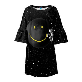 Детское платье 3D с принтом Лунная улыбка в Новосибирске, 100% полиэстер | прямой силуэт, чуть расширенный к низу. Круглая горловина, на рукавах — воланы | astronaut | cosmonaut | cosmos | galaxy | meteor | moon | planet | smile | space | universe | астронавт | вселенная | галактика | звезды | космонавт | космос | луна | смайл | улыбка