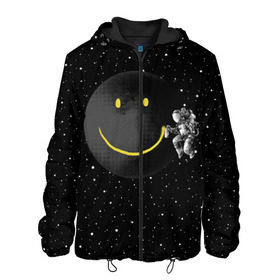 Мужская куртка 3D с принтом Лунная улыбка в Новосибирске, ткань верха — 100% полиэстер, подклад — флис | прямой крой, подол и капюшон оформлены резинкой с фиксаторами, два кармана без застежек по бокам, один большой потайной карман на груди. Карман на груди застегивается на липучку | Тематика изображения на принте: astronaut | cosmonaut | cosmos | galaxy | meteor | moon | planet | smile | space | universe | астронавт | вселенная | галактика | звезды | космонавт | космос | луна | смайл | улыбка