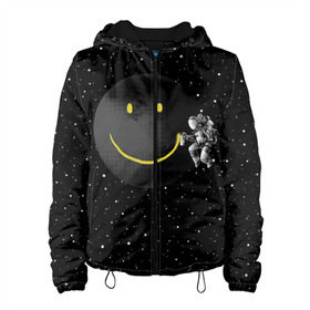Женская куртка 3D с принтом Лунная улыбка в Новосибирске, ткань верха — 100% полиэстер, подклад — флис | прямой крой, подол и капюшон оформлены резинкой с фиксаторами, два кармана без застежек по бокам, один большой потайной карман на груди. Карман на груди застегивается на липучку | astronaut | cosmonaut | cosmos | galaxy | meteor | moon | planet | smile | space | universe | астронавт | вселенная | галактика | звезды | космонавт | космос | луна | смайл | улыбка