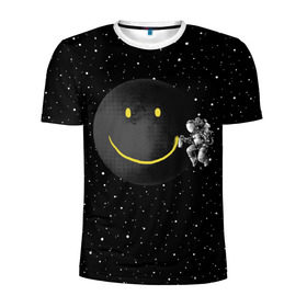 Мужская футболка 3D спортивная с принтом Лунная улыбка в Новосибирске, 100% полиэстер с улучшенными характеристиками | приталенный силуэт, круглая горловина, широкие плечи, сужается к линии бедра | astronaut | cosmonaut | cosmos | galaxy | meteor | moon | planet | smile | space | universe | астронавт | вселенная | галактика | звезды | космонавт | космос | луна | смайл | улыбка