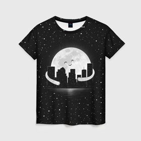 Женская футболка 3D с принтом Лунные объятия в Новосибирске, 100% полиэфир ( синтетическое хлопкоподобное полотно) | прямой крой, круглый вырез горловины, длина до линии бедер | astronaut | city | cosmonaut | cosmos | galaxy | moon | planet | smile | space | universe | астронавт | вселенная | галактика | город | звезды | космонавт | космос | луна | смайл | улыбка