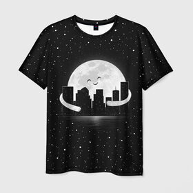 Мужская футболка 3D с принтом Лунные объятия в Новосибирске, 100% полиэфир | прямой крой, круглый вырез горловины, длина до линии бедер | astronaut | city | cosmonaut | cosmos | galaxy | moon | planet | smile | space | universe | астронавт | вселенная | галактика | город | звезды | космонавт | космос | луна | смайл | улыбка