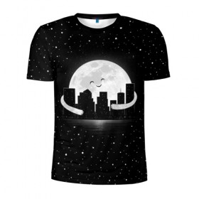 Мужская футболка 3D спортивная с принтом Лунные объятия в Новосибирске, 100% полиэстер с улучшенными характеристиками | приталенный силуэт, круглая горловина, широкие плечи, сужается к линии бедра | astronaut | city | cosmonaut | cosmos | galaxy | moon | planet | smile | space | universe | астронавт | вселенная | галактика | город | звезды | космонавт | космос | луна | смайл | улыбка