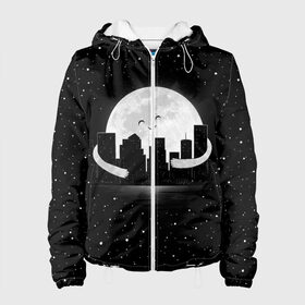 Женская куртка 3D с принтом Лунные объятия в Новосибирске, ткань верха — 100% полиэстер, подклад — флис | прямой крой, подол и капюшон оформлены резинкой с фиксаторами, два кармана без застежек по бокам, один большой потайной карман на груди. Карман на груди застегивается на липучку | astronaut | city | cosmonaut | cosmos | galaxy | moon | planet | smile | space | universe | астронавт | вселенная | галактика | город | звезды | космонавт | космос | луна | смайл | улыбка