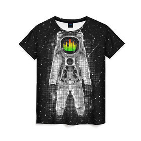 Женская футболка 3D с принтом Музыкальный космонавт в Новосибирске, 100% полиэфир ( синтетическое хлопкоподобное полотно) | прямой крой, круглый вырез горловины, длина до линии бедер | astronaut | cosmonaut | dj | eqializer | galaxy | moon | music | planet | space | star | universe | астронавт | вселенная | галактика | диджей | космонавт | космос | музыка | эквалайзер