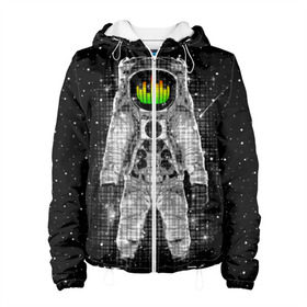 Женская куртка 3D с принтом Музыкальный космонавт в Новосибирске, ткань верха — 100% полиэстер, подклад — флис | прямой крой, подол и капюшон оформлены резинкой с фиксаторами, два кармана без застежек по бокам, один большой потайной карман на груди. Карман на груди застегивается на липучку | astronaut | cosmonaut | dj | eqializer | galaxy | moon | music | planet | space | star | universe | астронавт | вселенная | галактика | диджей | космонавт | космос | музыка | эквалайзер