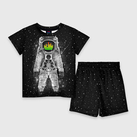 Детский костюм с шортами 3D с принтом Музыкальный космонавт в Новосибирске,  |  | astronaut | cosmonaut | dj | eqializer | galaxy | moon | music | planet | space | star | universe | астронавт | вселенная | галактика | диджей | космонавт | космос | музыка | эквалайзер