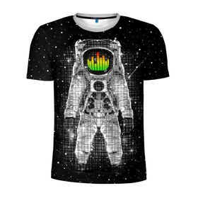 Мужская футболка 3D спортивная с принтом Музыкальный космонавт в Новосибирске, 100% полиэстер с улучшенными характеристиками | приталенный силуэт, круглая горловина, широкие плечи, сужается к линии бедра | Тематика изображения на принте: astronaut | cosmonaut | dj | eqializer | galaxy | moon | music | planet | space | star | universe | астронавт | вселенная | галактика | диджей | космонавт | космос | музыка | эквалайзер